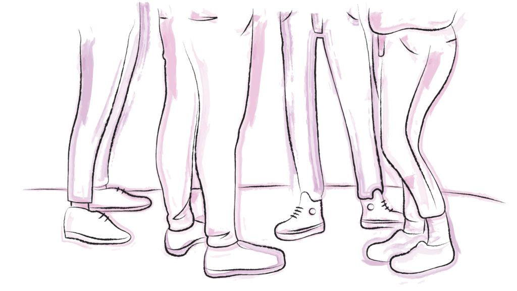 Eine gezeichnete Illustration, mit Wasserfarben akzentuiert, zeigt einen Ausschnitt mehrerer Personen die beieinander stehen. Der Ausschnitt zeigt nur deren Beine und Füße.