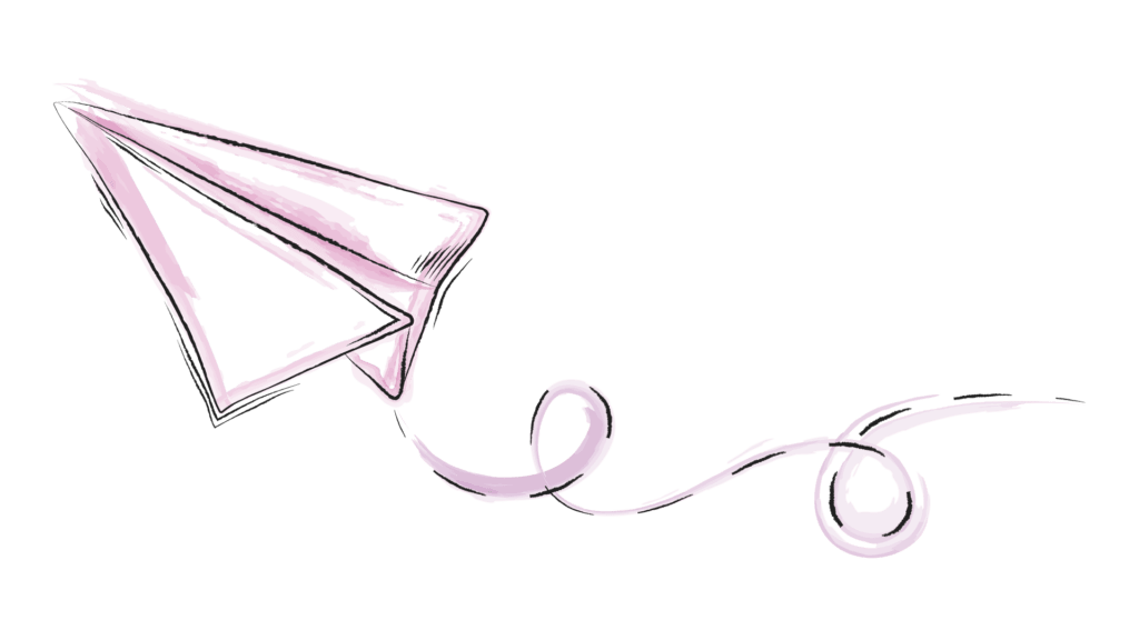 Eine gezeichnete Illustration, mit Wasserfarben akzentuiert, zeigt einen fliegenden Papierflieger.