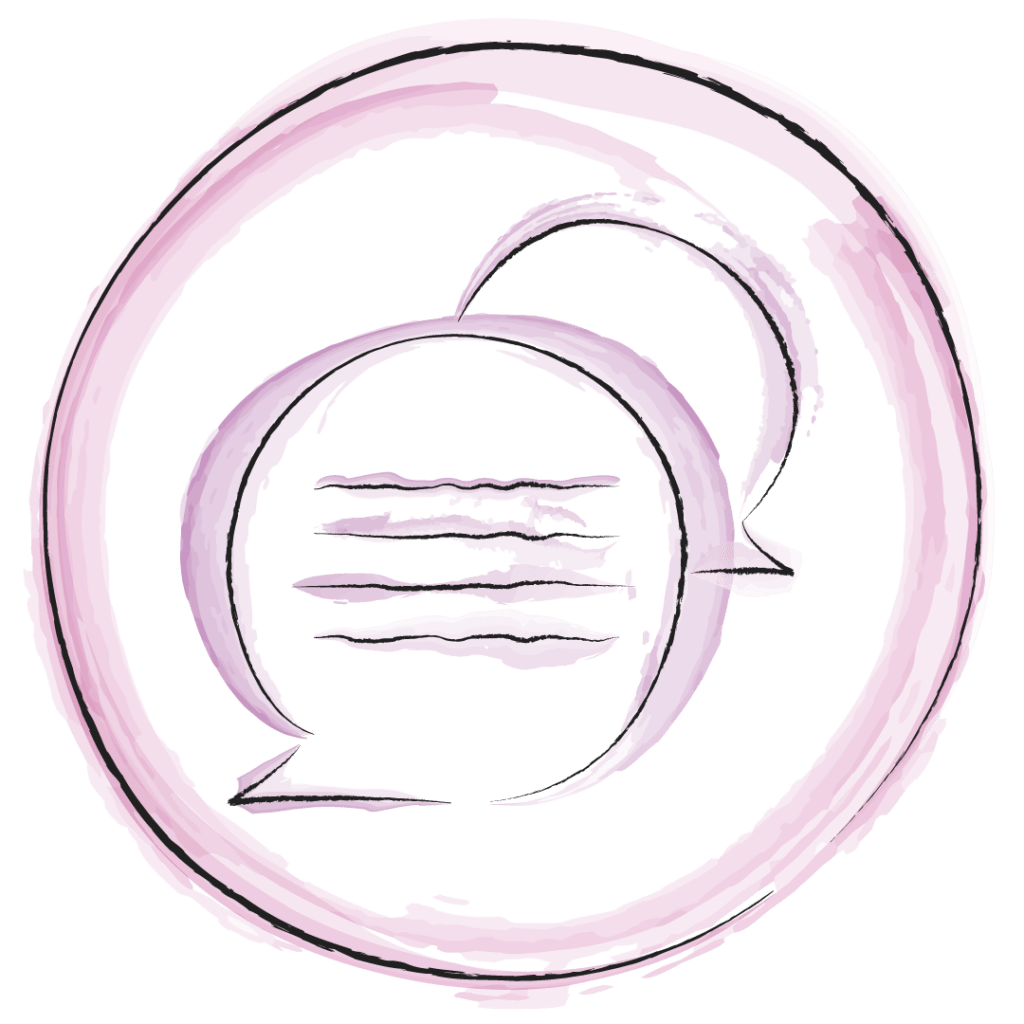 Eine gezeichnete Illustration, mit Wasserfarben akzentuiert, zeigt einen Kreis in dem zwei Sprechblasen sind.