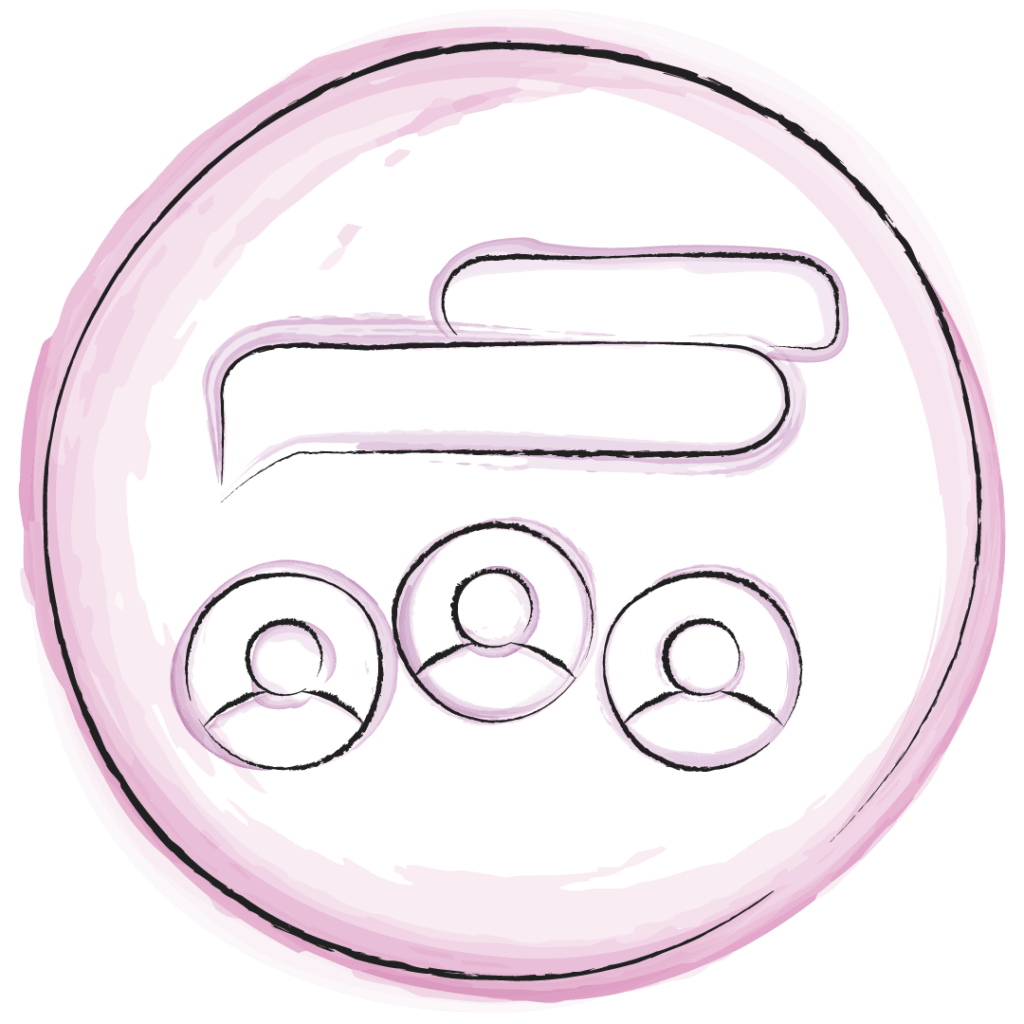 Eine gezeichnete Illustration, mit Wasserfarben akzentuiert, zeigt einen Kreis in dem drei Personen sind, die Sprechblasen über ihren Köpfen haben.