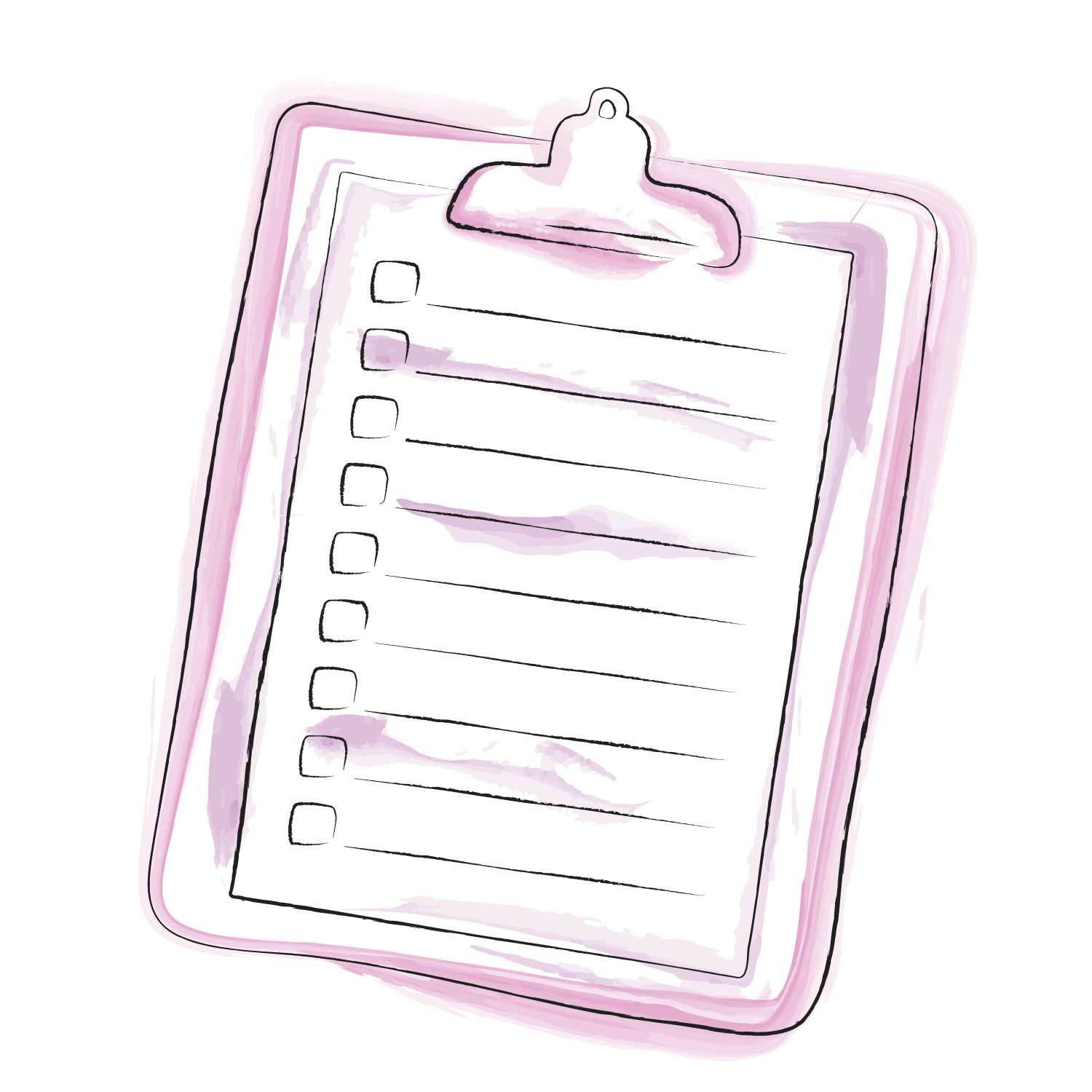 Eine gezeichnete Illustration, mit Wasserfarben akzentuiert, zeigt ein Klemmbrett mit einer To-Do Checkliste.
