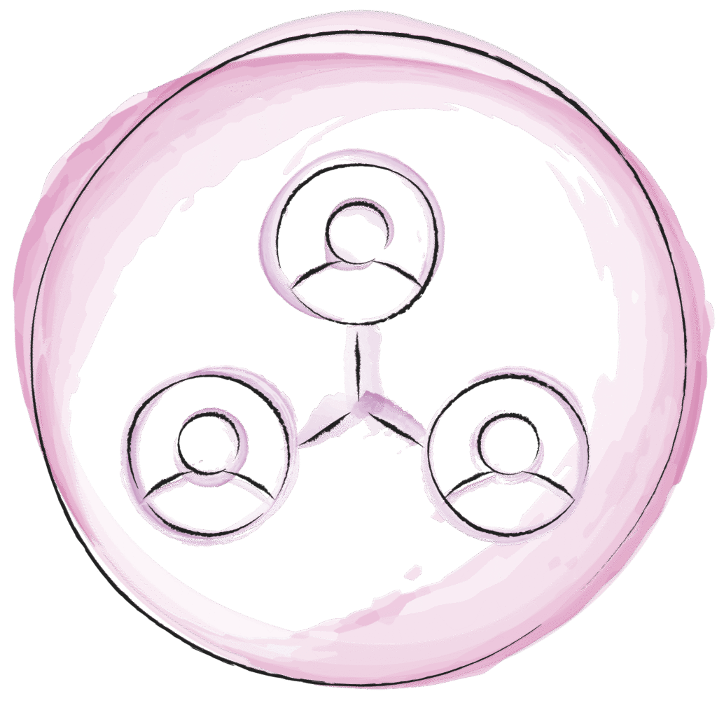 Eine gezeichnete Illustration, mit Wasserfarben akzentuiert, zeigt einen Kreis in dem drei mit einem Strich verbundene Personen sind.