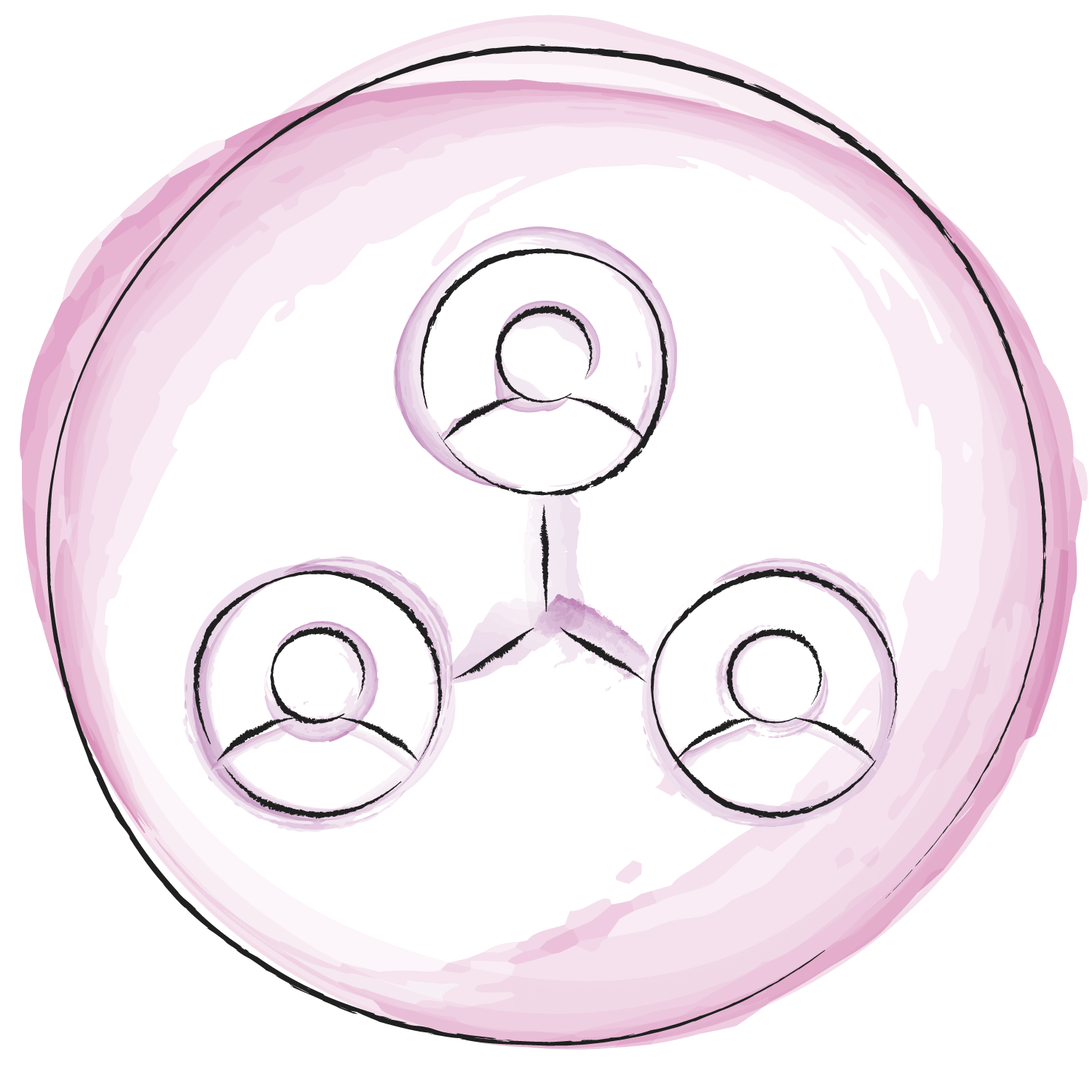 Eine gezeichnete Illustration, mit Wasserfarben akzentuiert, zeigt einen Kreis in dem drei mit einem Strich verbundene Personen sind.