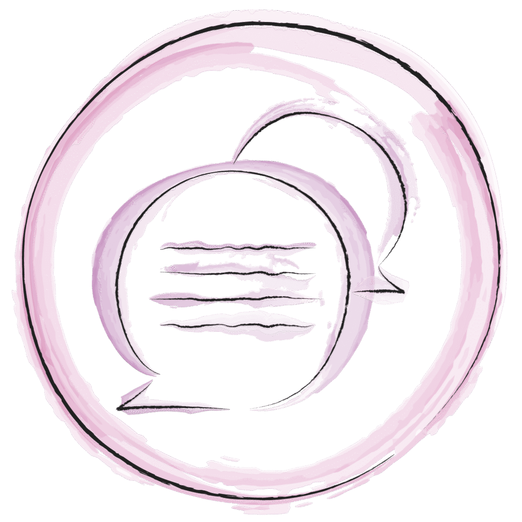 Eine gezeichnete Illustration, mit Wasserfarben akzentuiert, zeigt einen Kreis in dem zwei Sprechblasen sind.