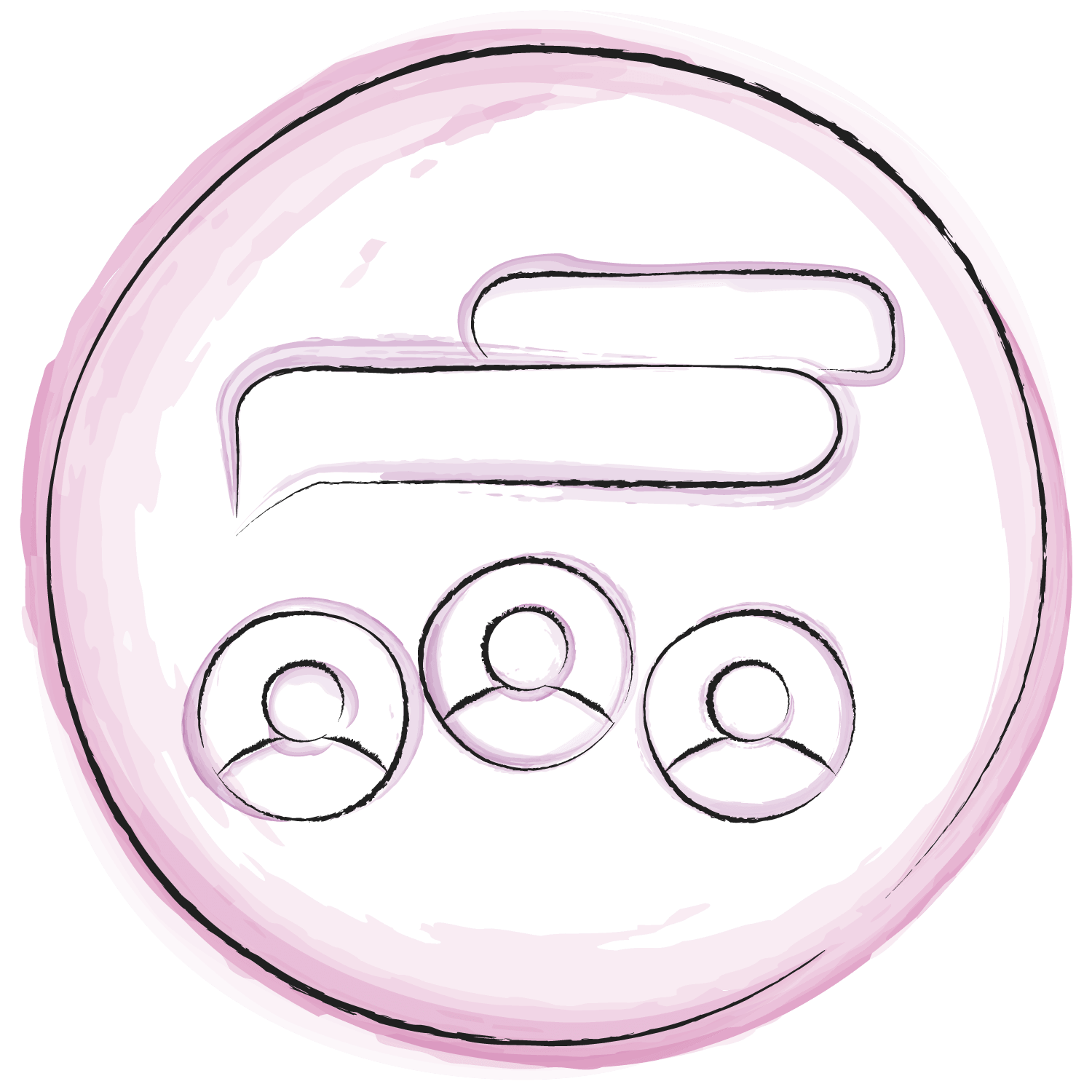 Eine gezeichnete Illustration, mit Wasserfarben akzentuiert, zeigt einen Kreis in dem drei Personen sind, die Sprechblasen über ihren Köpfen haben.