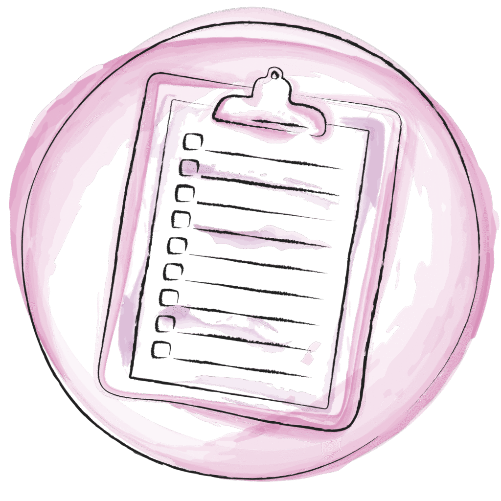 Eine gezeichnete Illustration, mit Wasserfarben akzentuiert, zeigt einen Kreis in dem ein Klemmbrett mit Checkliste ist.