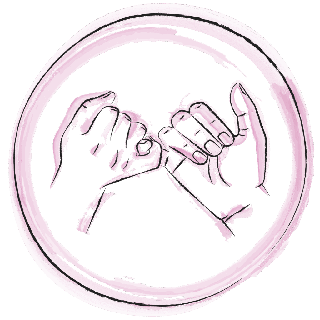 Eine gezeichnete Illustration, mit Wasserfarben akzentuiert, zeigt einen Kreis in dem zwei Hände mit den kleinen Finger einhaken.