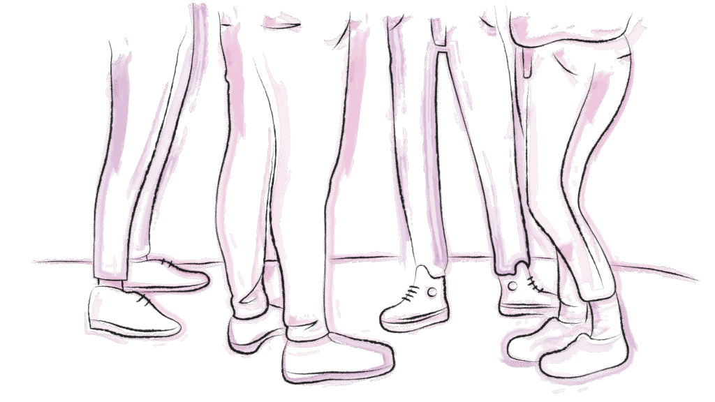 Eine gezeichnete Illustration, mit Wasserfarben akzentuiert, zeigt einen Ausschnitt mehrerer Personen die beieinander stehen. Der Ausschnitt zeigt nur deren Beine und Füße.