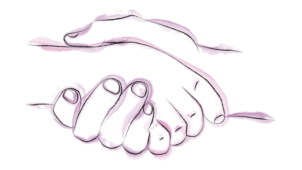 Eine gezeichnete Illustration, mit Wasserfarben akzentuiert, zeigt einen Handschlag zweier Hände.