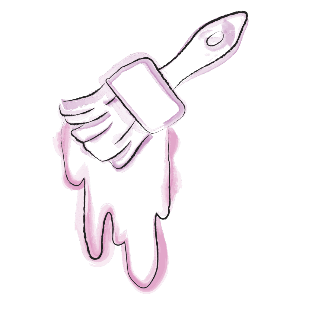 Eine gezeichnete Illustration, mit Wasserfarben akzentuiert, zeigt einen Farbpinsel.