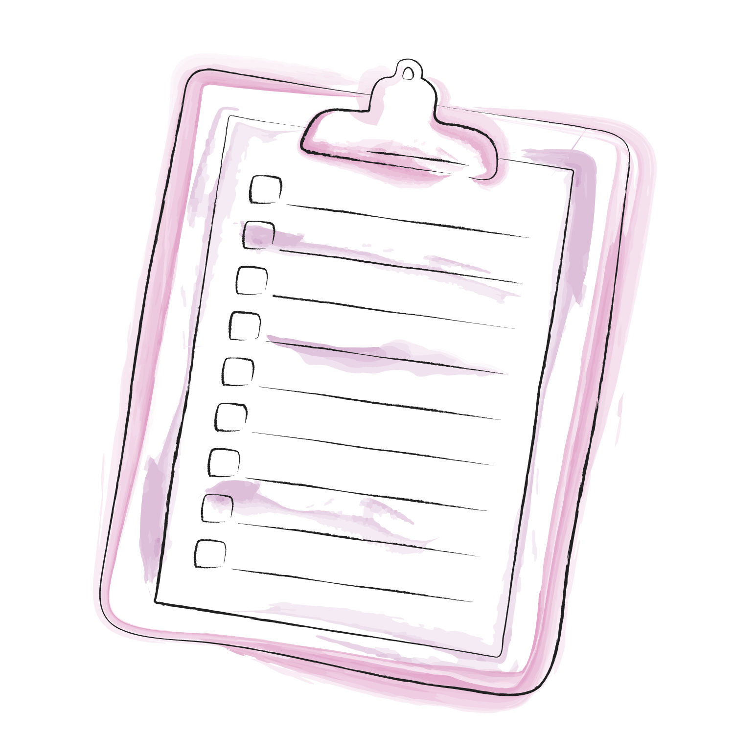 Eine gezeichnete Illustration, mit Wasserfarben akzentuiert, zeigt ein Klemmbrett mit einer To-Do Checkliste.